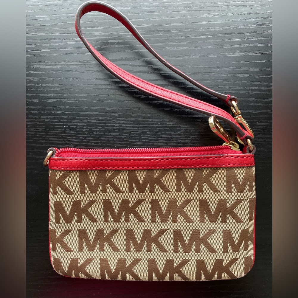 Michael Kors Logo Wristlet - Brown with Red Leather
